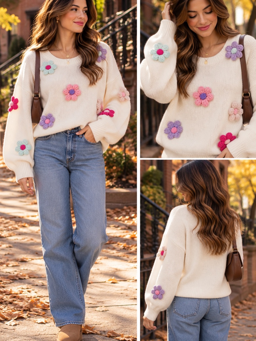 Francesca’s Cream 3D Crochet Flower Sweater – Size Large